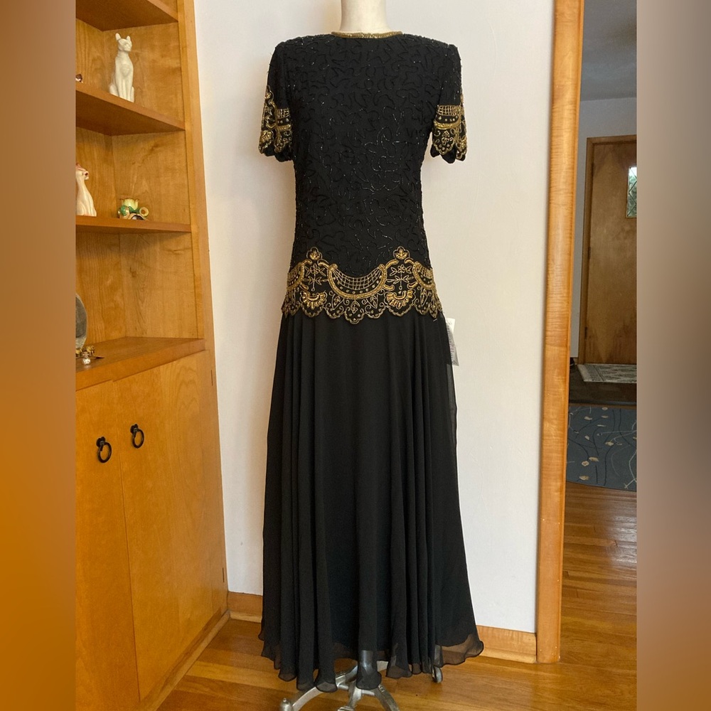 Brilliante by JA Sequin Black and Gold Silk Handmade Gown Formal Quinceañera